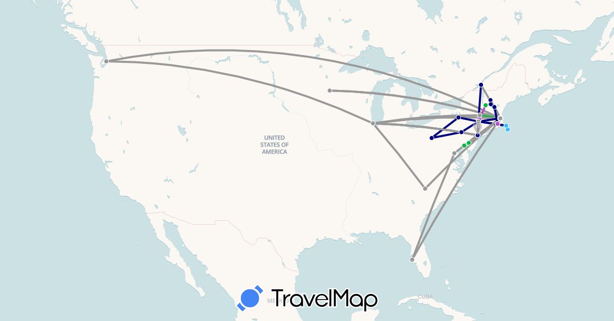 TravelMap itinerary: driving, bus, plane, train, boat in Canada, United States (North America)