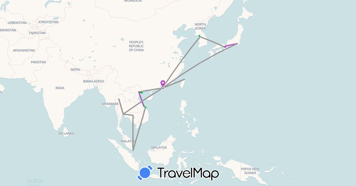 TravelMap itinerary: driving, bus, plane, train in China, Hong Kong, Japan, Cambodia, South Korea, Singapore, Thailand, Taiwan, Vietnam (Asia)